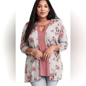 Torrid Light Gray with Pink Floral design Knit Cardigan Sweater sz 2